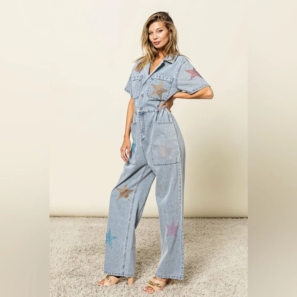 RHINESTONE STAR DENIM JUMPSUIT COVERALLS - Picture 3 of 6